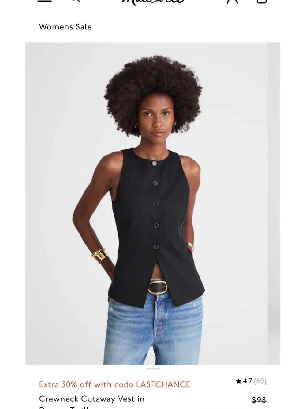 Madewell Crewneck Cutaway Vest in Drapey Twill